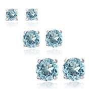 Sterling Silver 2ct Blue Topaz 3, 4 & 5mm Round Stud Earrings Set of 3