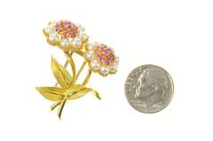 18K Yellow Gold Retro Ruby Pearl Flower Bouquet Pin/Brooch