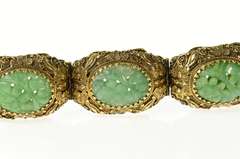 14K Yellow Gold Ornate Floral Carved Jade Filigree Statement Bracelet