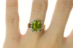 14K Yellow Gold Oval Peridot Diamond Halo Ornate Cocktail Ring