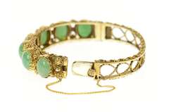 14K Yellow Gold Ornate Jade Cabochon Statement Bangle Bracelet