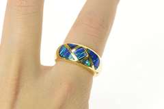 14K Yellow Gold Rounded Ornate Black Opal Inlay Band Ring