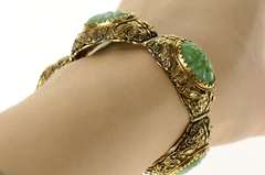 14K Yellow Gold Ornate Floral Carved Jade Filigree Statement Bracelet