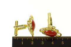 14K Yellow Gold Retro 1960's Red Coral Cabochon Ornate Cuff Links