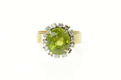 14K Yellow Gold Oval Peridot Diamond Halo Ornate Cocktail Ring