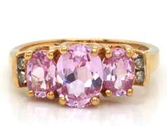 Fun & Flirty Yellow Gold 3-Stone Pink Topaz Ring with Diamond Accents