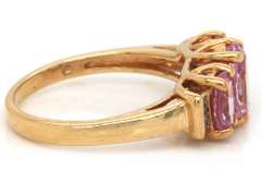 Fun & Flirty Yellow Gold 3-Stone Pink Topaz Ring with Diamond Accents