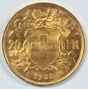 Superb Gem BU 1935-B Swiss 20 Francs Gold Piece