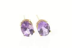 14K Yellow Gold Oval Amethyst Solitaire Classic Stud Earrings