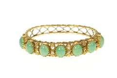 14K Yellow Gold Ornate Jade Cabochon Statement Bangle Bracelet