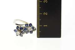 18K White Gold Retro Sapphire Diamond Flower Wrap Bypass Ring