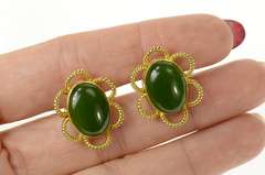 18K Yellow Gold 1960's Retro Ornate Nephrite Cabochon Cuff Links