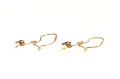 10K Yellow Gold 1940's Syn. Ruby Cherry Blossom Dangle Hook Earrings
