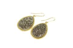 14K Yellow Gold Pear Smoky Druzy Ornate Statement Earrings
