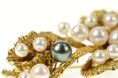 14K Yellow Gold 1960's Ornate Pearl Branch Floral Statement Pin/Brooch