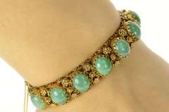14K Yellow Gold Ornate Jade Cabochon Statement Bangle Bracelet