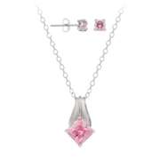 Sterling Silver Pink CZ Solitaire Pendant & Stud Earrings Set