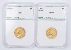 Lot (2) MS64 1908 & 1909-D Indian Head Gold Half Eagles - Graded PCI