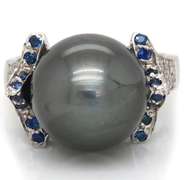 Marvelous 18kt WG Tahitian Pearl with Pave Diamond & Sapphire Ring