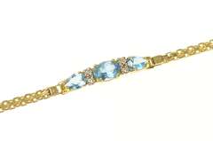 14K Yellow Gold Three Stone Blue Topaz Diamond Bar Link Bracelet