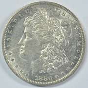 Frosty-white 1880-O Morgan Silver Dollar. Better date