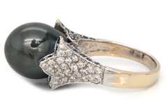 Marvelous 18kt WG Tahitian Pearl with Pave Diamond & Sapphire Ring