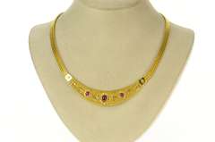 18K Yellow Gold Etruscan Revival Ruby Diamond Statement Necklace