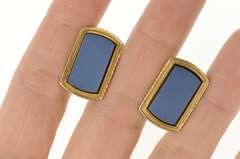 10K Yellow Gold Art Deco Ornate Blue Black Onyx Inset Cuff Links