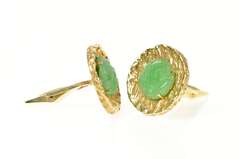 14K Yellow Gold 1960's Retro Carved Jade Flower Round Cuff Links