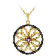 18K Gold over Sterling Silver Amethyst & Black Diamond Accent Flower Medallion Pendant