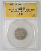 G6 1867 Shield Nickel - No Rays Struck 10% Off Center At K-4:30 ANACS