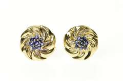 14K Yellow Gold 1950's Ornate Sapphire Cluster Diamond Swirl Earrings