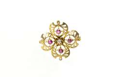 10K Yellow Gold Victorian Syn. Ruby Diamond Clover Filigree Pin/Brooch
