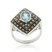 Sterling Silver Blue Topaz & Marcasite Diamond Shape Ring