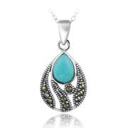 Sterling Silver Created Turquoise & Marcasite Teardrop Pendant