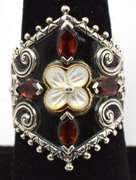 Ornate Garnet & Mother-Of-Pearl Ring in Sterling Silver