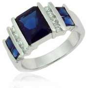 Sterling Silver Rectangular Dark Blue Tanzanite CZ & Clear CZ Silver Ring