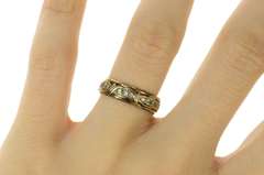 9K Yellow Gold Victorian Ornate Rhinestone Wedding Band Ring