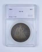 VG10 1863 Seated Liberty Silver Dollar - Graded by SEGS