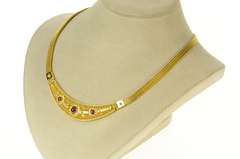 18K Yellow Gold Etruscan Revival Ruby Diamond Statement Necklace