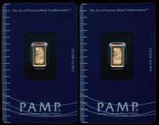 2 Pure .9999 fine gold 1 gram PAMP bars in custom cards