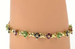 14K Yellow Gold Ruby Emerald Sapphire Flower Cluster Tennis Bracelet
