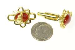 14K Yellow Gold Retro 1960's Red Coral Cabochon Ornate Cuff Links