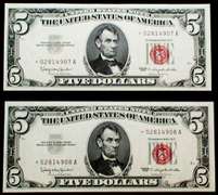 (2) Outstanding Gem Crisp 1963 $5 Red Seal Star Replacement Notes-And Consecutive!!!