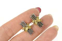 18K White Gold Two Tone Criss Cross Bar 1960's Retro Cuff Links
