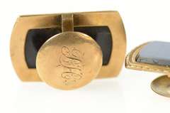 10K Yellow Gold Art Deco Ornate Blue Black Onyx Inset Cuff Links