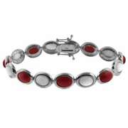 Sterling Silver Mother of Pearl & Created Red Coral Oval Link Bracelet