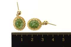14K Yellow Gold Ornate Retro Carved Rose Nephrite Dangle Earrings