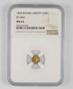 MS63 1864 Round Liberty Gold 25 Cents - BG-866 - Graded NGC