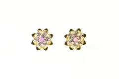 14K Yellow Gold Two Tone Ruby Inset Flower Stud Earrings